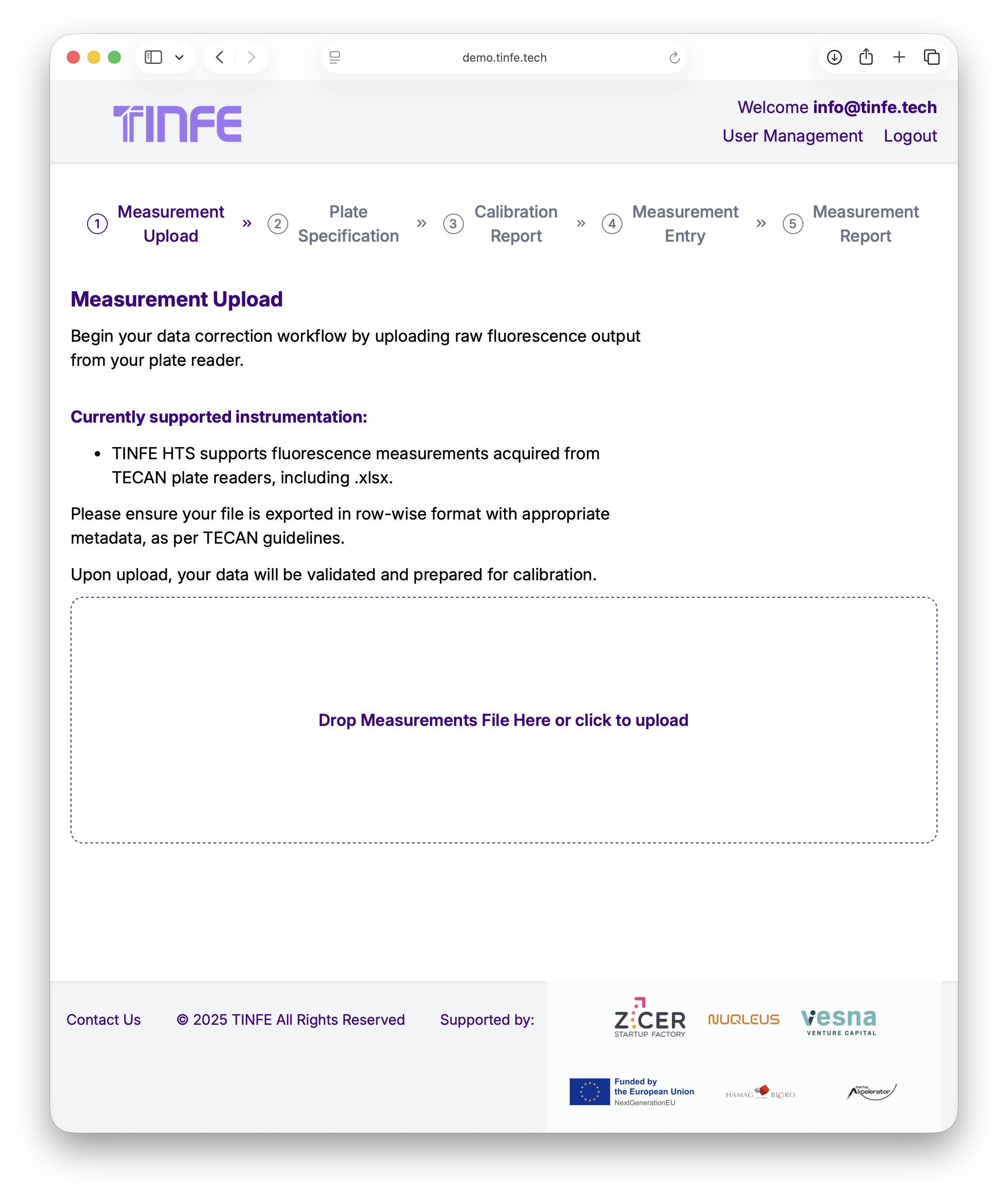 TINFE measurement upload screen for raw fluorescence plate-reader data