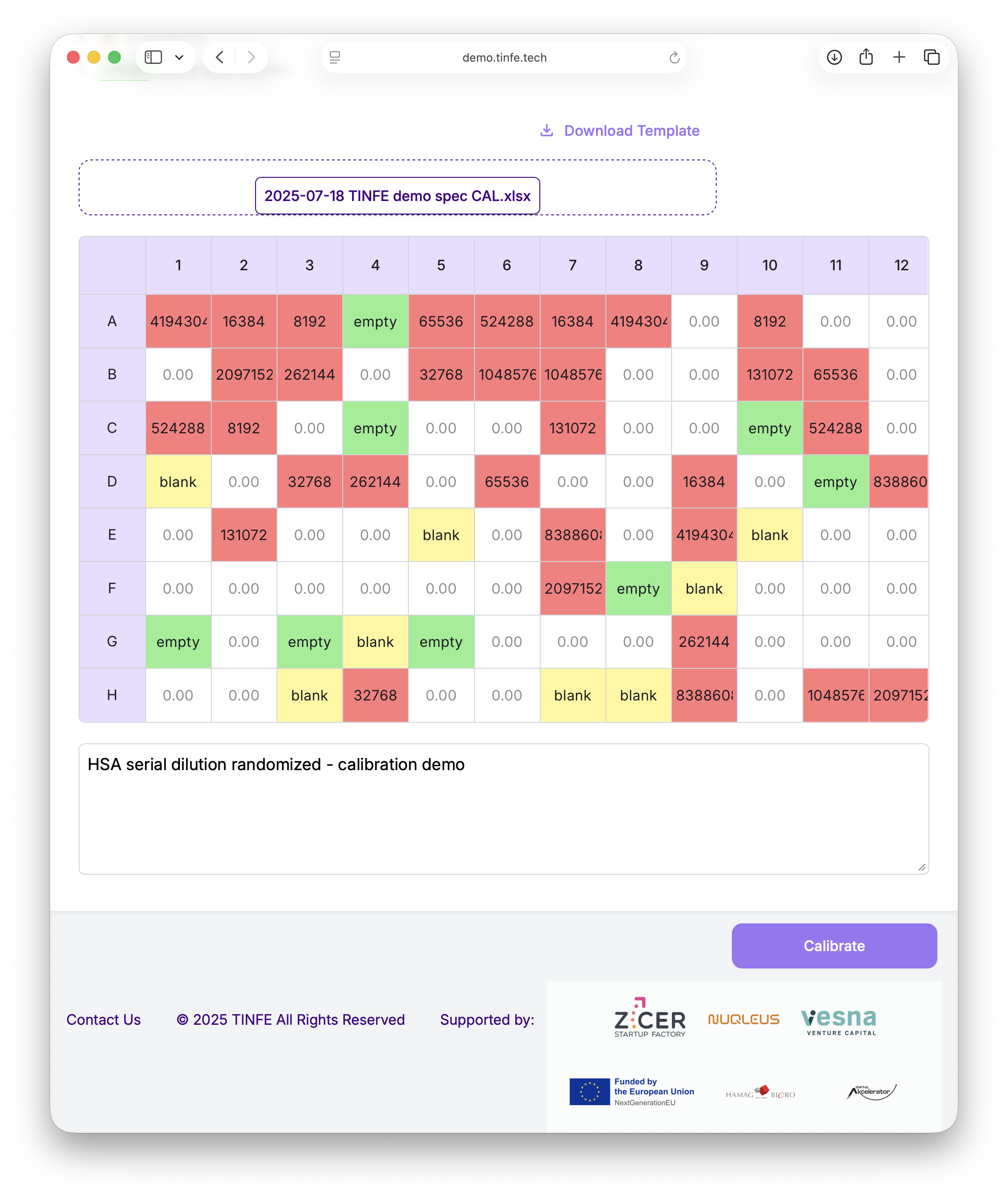 TINFE plate specification screen mapping wells, standards, blanks, controls, and samples